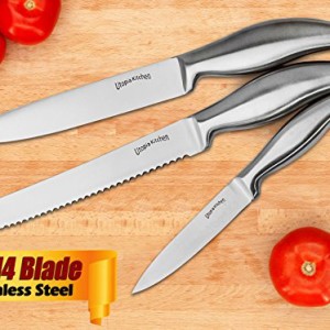 Premium Class Stainless-Steel Kitchen 12 Knife-Set with Acrylic Stand - 8" chef knife, 8" bread knife, 8" carving knife, 5" utility knife, 3.5" paring knife and 4.5" steak knives- By Utopia Kitchen