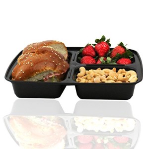 Pakkon 3 Compartment Bento Box / Durable Plastic Lunch Container with Airtight Lid  Use For 21 Day Fix, Meal Prep and Portion Control  Lunch Box For Kids and Adults [10 pack]