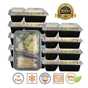 Pakkon 2 Compartment Bento Box / Durable Plastic Lunch Container with Airtight Lid • Use For 21 Day Fix, Meal Prep and Portion Control • Lunch box For kids and adults [10 pack]
